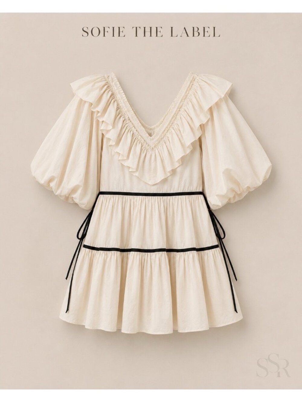 Sofía the Label Hazel Dress Size M Ivory Black Ruffle Puff Sleeve Cotton Mini